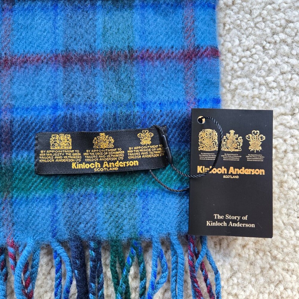 NWT Kinloch Anderson Blue Plaid Wool Fringe Scarf - Picture 3 of 7